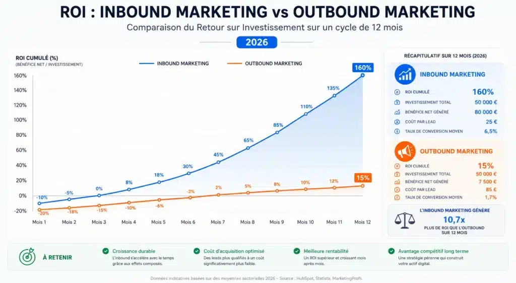 Graphique haute définition comparant le ROI de l'Inbound Marketing vs Outbound sur un cycle de 12 mois en 2026.