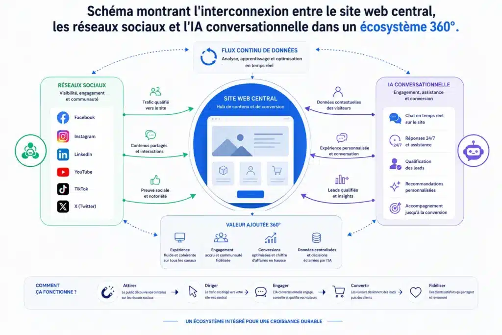 interconnexion entre le site web central, les réseaux sociaux et l'IA conversationnelle