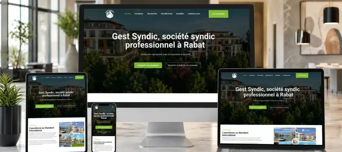 Site web Gest Syndic société syndic professionnel Rabat affiché sur ordinateur tablette et smartphone - gestion de copropriété Maroc