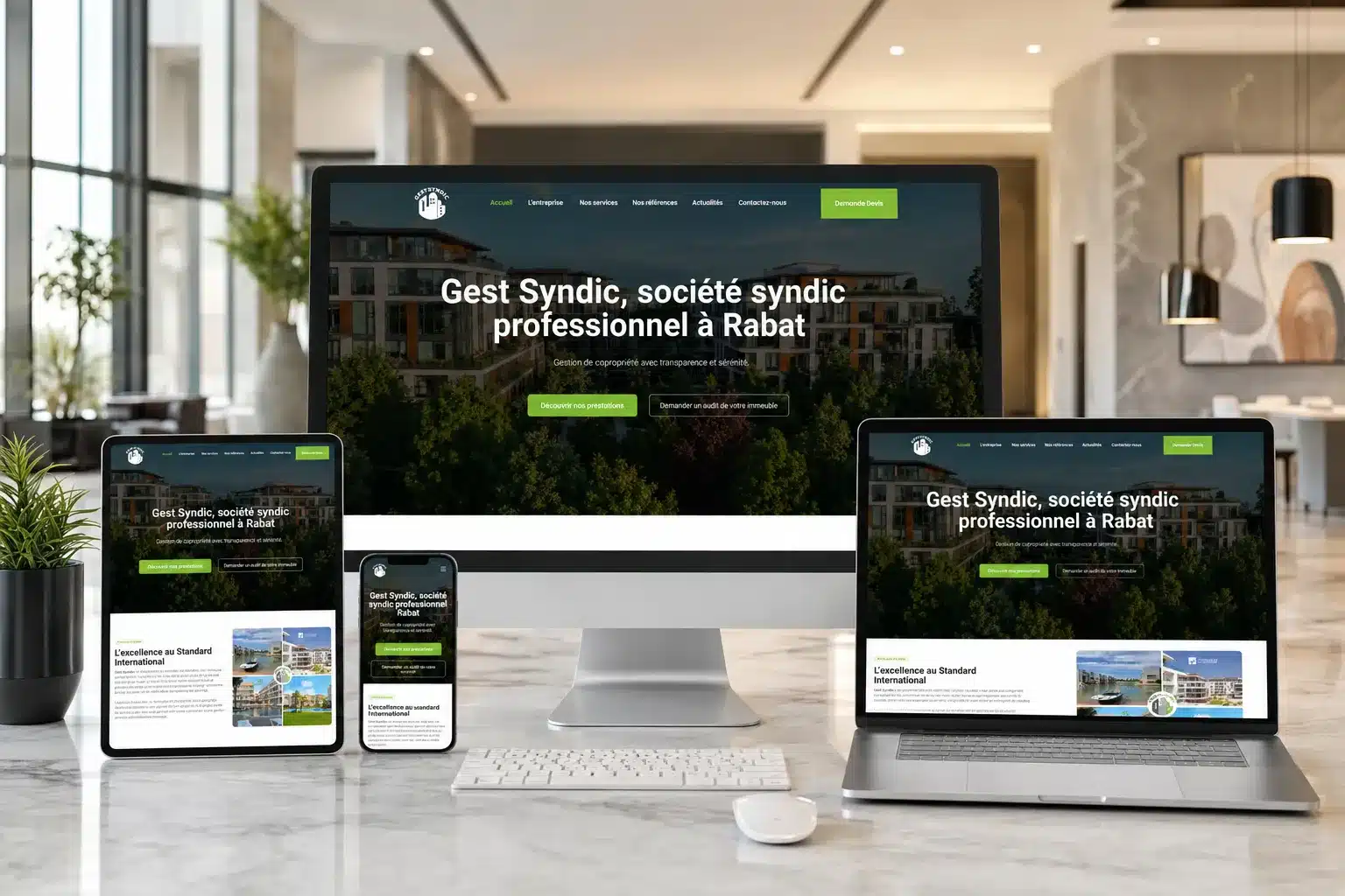 Site web Gest Syndic société syndic professionnel Rabat affiché sur ordinateur tablette et smartphone - gestion de copropriété Maroc