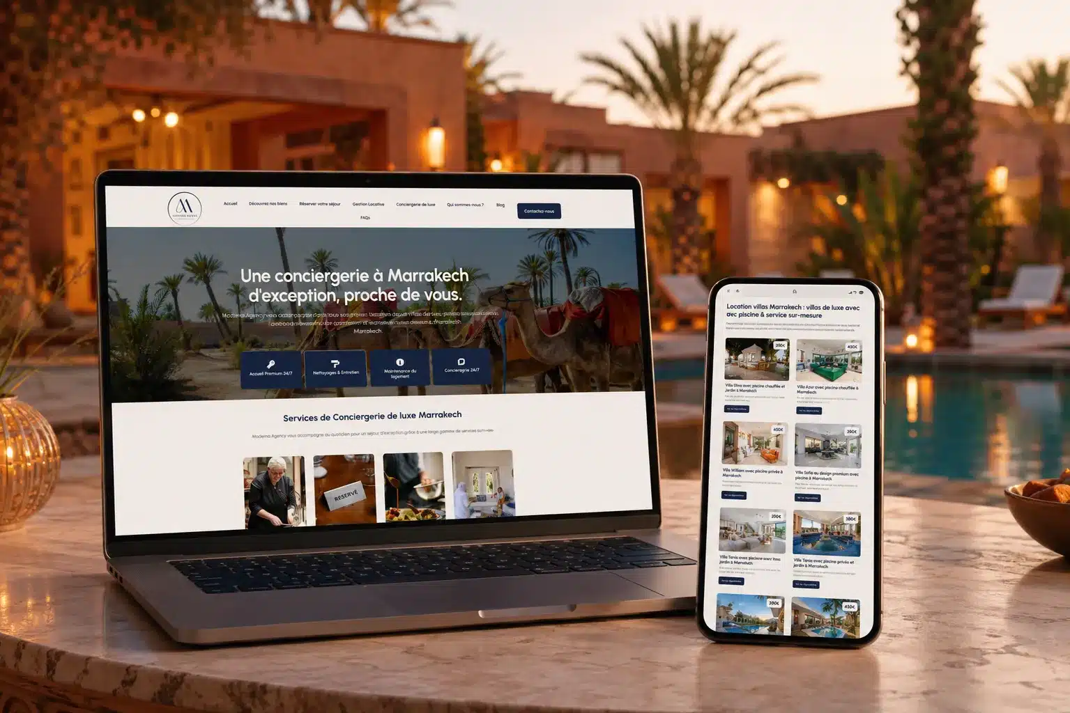 Site web Moderna Agency location villas appartements luxe Marrakech affiché sur ordinateur et smartphone_resultat