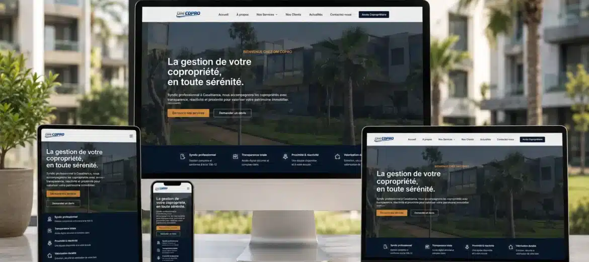 Site web OM Copro syndic professionnel Casablanca affiché sur ordinateur tablette et smartphone - gestion de copropriété Maroc