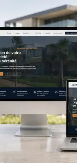 Site web OM Copro syndic professionnel Casablanca affiché sur ordinateur tablette et smartphone - gestion de copropriété Maroc